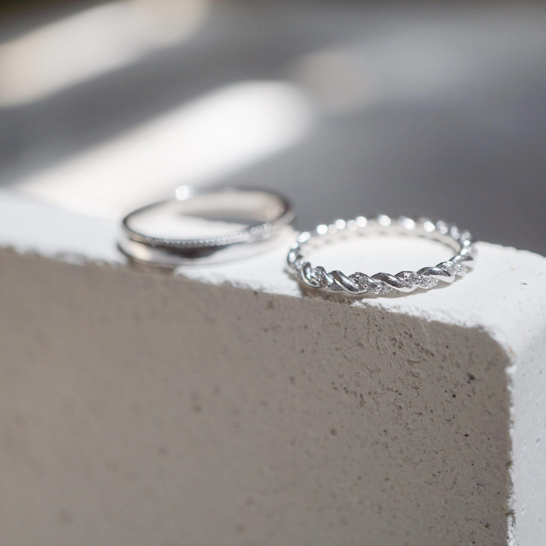 D-SHAPE DOUBLE MILGRAIN RING & PAVE ROPE ETERNITY RING