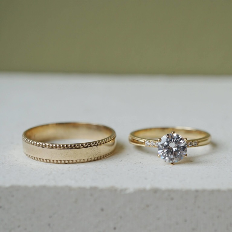 DOUBLE MILGRAIN RING 4MM & SOLITAIRE VINTAGE RING