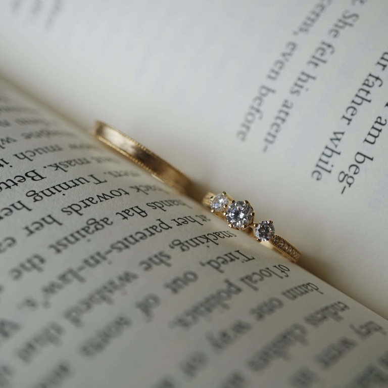 SQUARE MILGRAIN 3MM & THREE STONE MILGRAIN ETERNITY RING