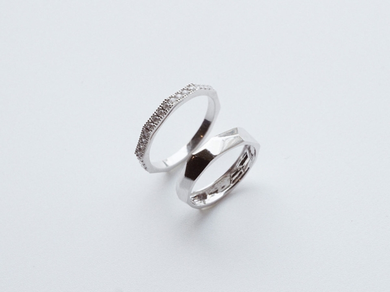 DECAGON MILGRAIN PAVE RING & FACET HOLLOW BAND RING – 3.5MM