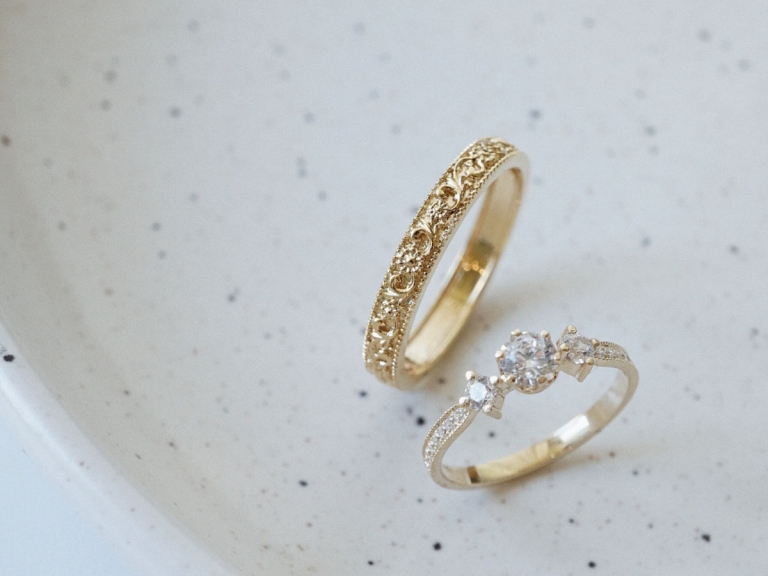 RENAISSANCE ART INSPIRED RING & THREE STONE MILGRAIN ETERNITY RING