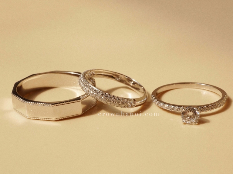 DECAGON MILGRAIN RING - 4.5MM & 4 PRONG SOLITAIRE PAVE RING - 4MM & SPARKLE PAVE RING