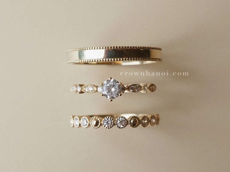 DOUBLE MILGRAIN RING & 6 PRONG SOLITAIRE LEAFY PAVE RING & EUDEMONIA RING
