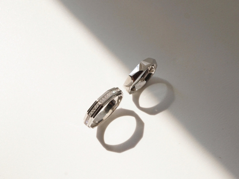 HOLLOW FACET RING 3.5MM & DECAGON PAVE RING (PLATINUM)
