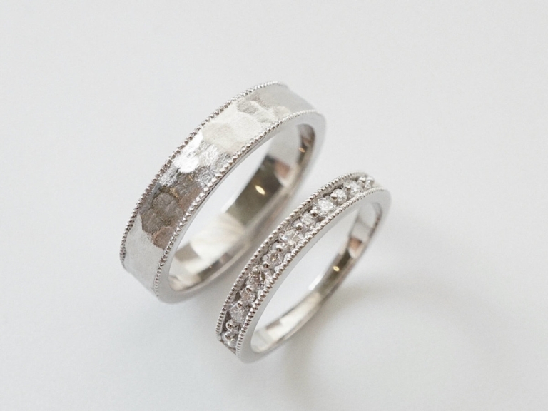 MULTIFACET DOUBLE MILGRAIN RING & FRENCH LACE RING (PLATINUM)