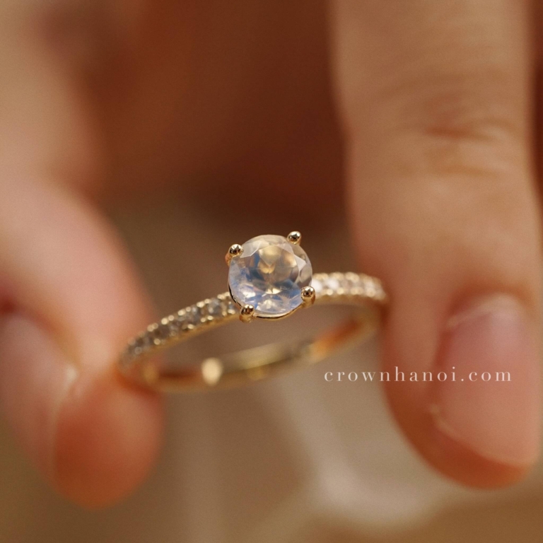 4 PRONG MOONSTONE SOLITAIRE PAVE RING - 5MM